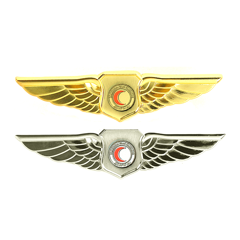 Custom Badge Round Metal Embossed 3d Gold Plated Wings Shape Aviation Airline for Souvenir Emblem Badge