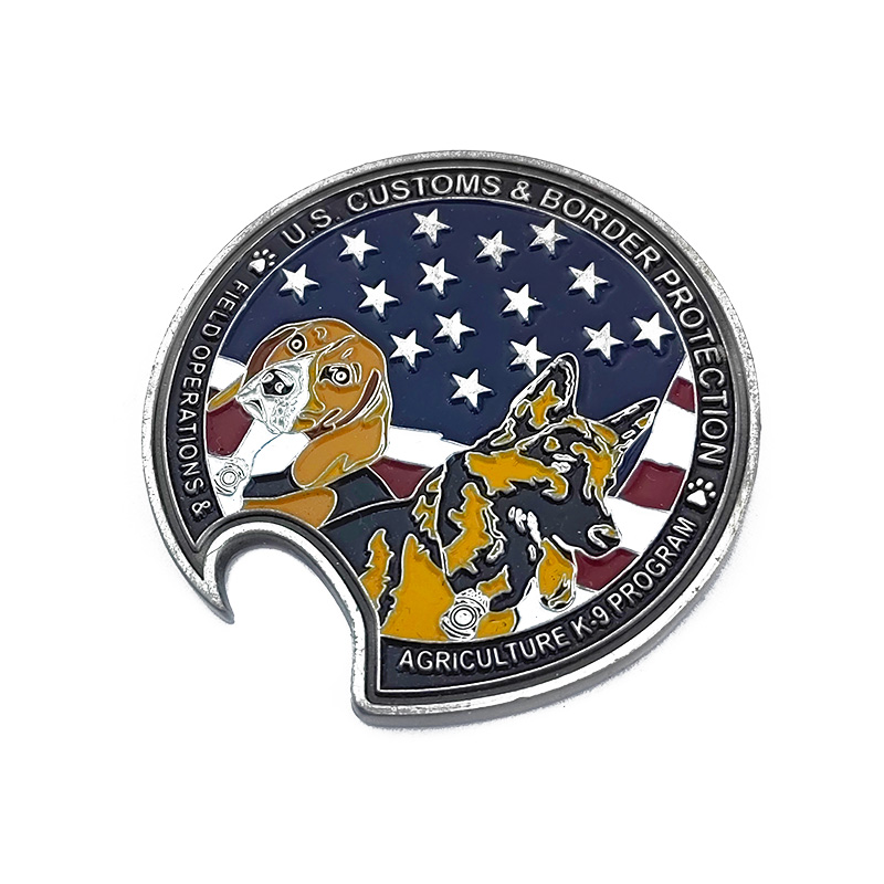 Metal custom shaped lacquered puppy around commemorative coins