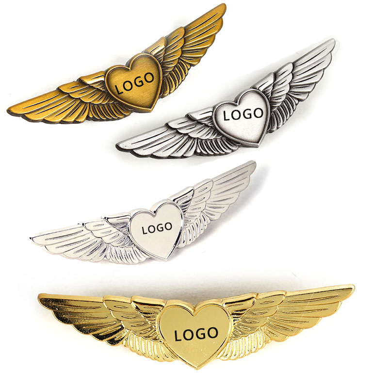 Custom Badge Round Metal Embossed 3d Gold Plated Wings Shape Aviation Airline for Souvenir Emblem Badge