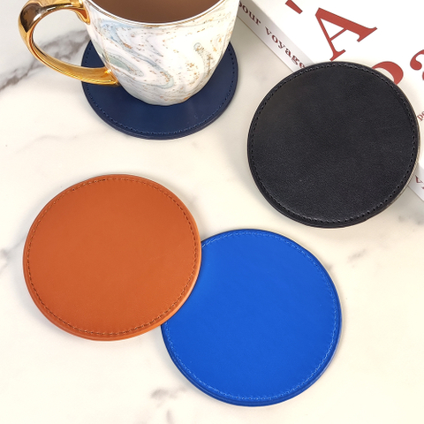 Simple Style PU Leather 10CM Round Coaster Waterproof Insulation Tea Coaster Can Print LOGO Coffee Mat