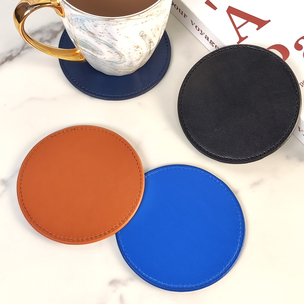 Simple Style PU Leather 10CM Round Coaster Waterproof Insulation Tea Coaster Can Print LOGO Coffee Mat