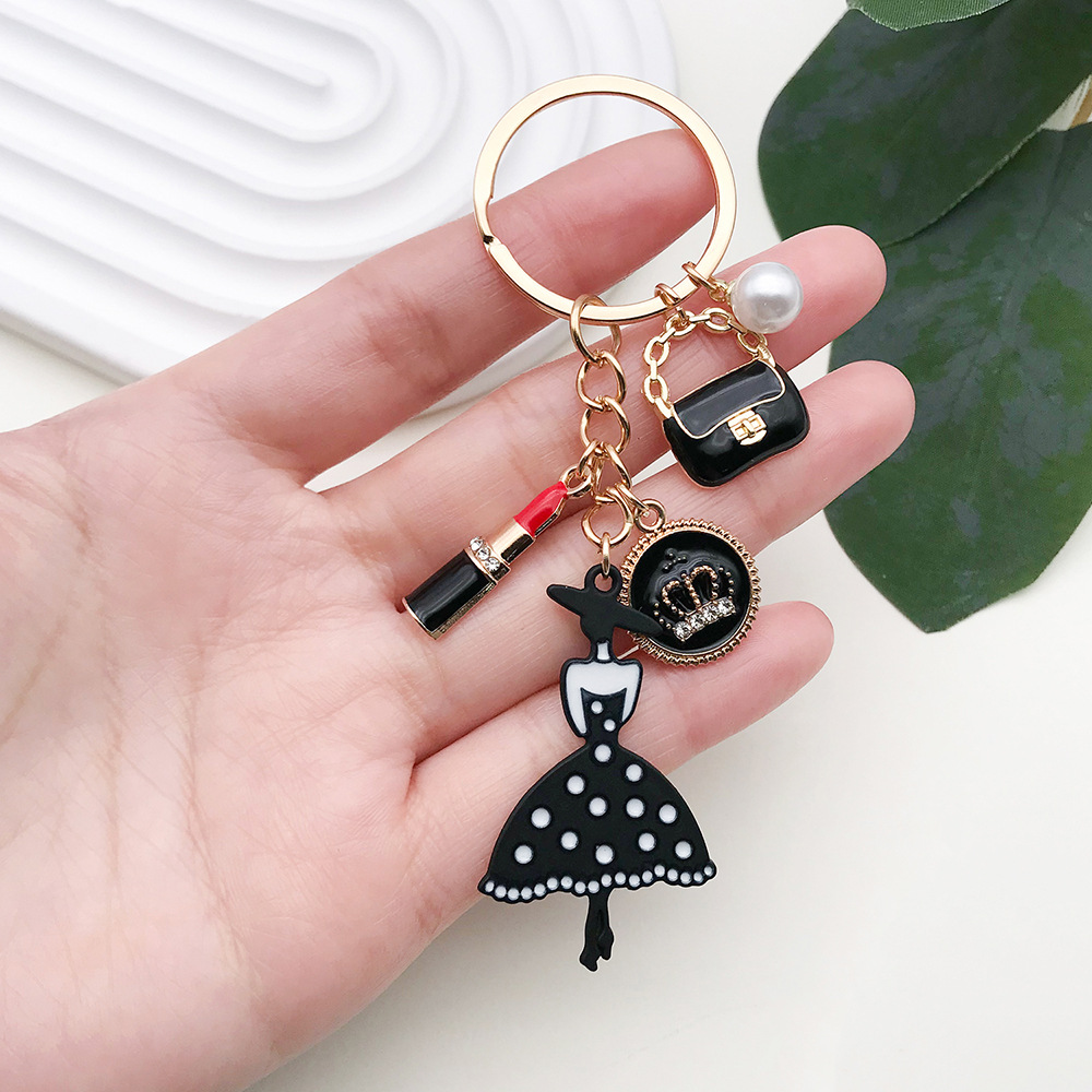 Light Luxury Ins Fashion Style Oil Drop Girl Classic Black Skirt Pearl Bag Keychain Metal Jewelry Pendant