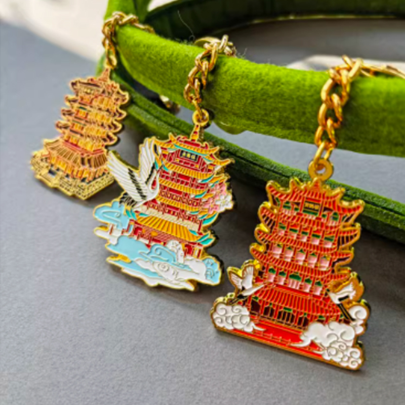 Chinese Style Famous Building Yellow Crane Tower Tengwang Pavilion Yueyang Tower Cultural Keychain Wuhan Tourist Attractions Metal Keychain