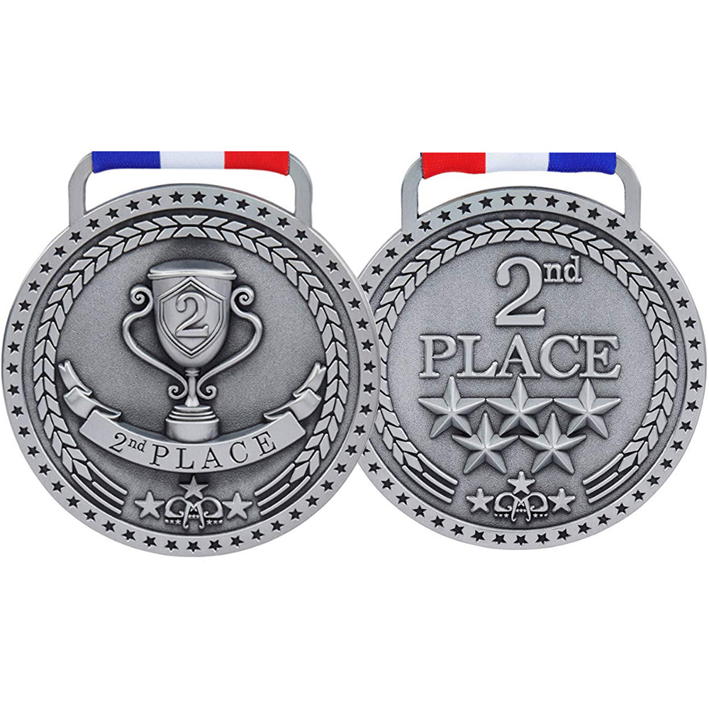 Custom zinc alloy competition medals Red, white and blue ribbon zinc alloy antique silver and bronze competition ranking medals