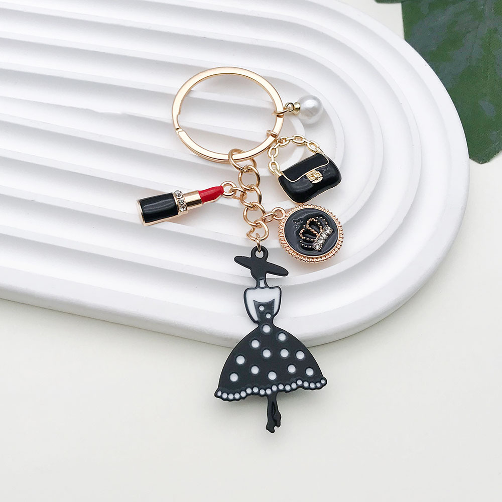 Light Luxury Ins Fashion Style Oil Drop Girl Classic Black Skirt Pearl Bag Keychain Metal Jewelry Pendant