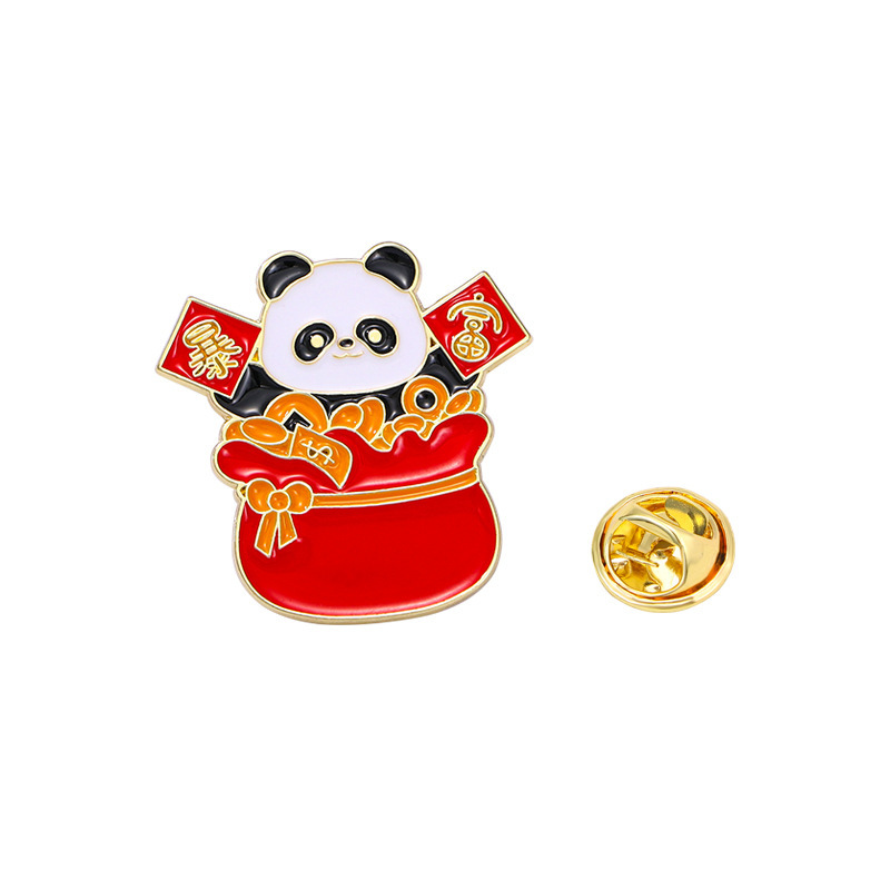 Chinese New Year Panda Cartoon Brooch Cute Auspicious and Happy Success God of Wealth Koi Metal Badge